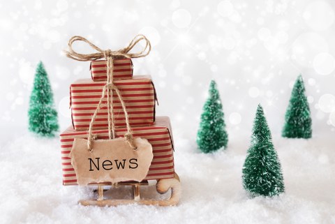 Foto eines Miniatur-Holzschlittens mit kleine Geschenken. Am Geschenkband hängt ein Zettel mit der Aufschrift News. Auf dem Boden liegt Schnee und um den Schlitten stehen kleine Miniatur-Tannenbäume.