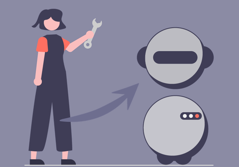 Grafik einer Person mit Schraubenschlüssel in der Hand, neben ihr ein Roboter