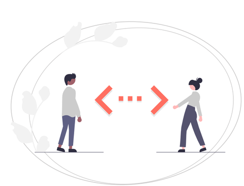 Graphic of two people walking towards each other. Two arrows indicate some kind of exchange. Around this graphic are two ellipses with leaf ornaments as decoration.