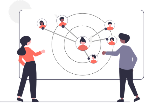 Das Bild zeigt die Illustration einer Frau und eines Mannes, die gemeinsam auf einer Tafel ein Netzwerk aus verschiedenen Bildern mit Personen entstehen lassen. 