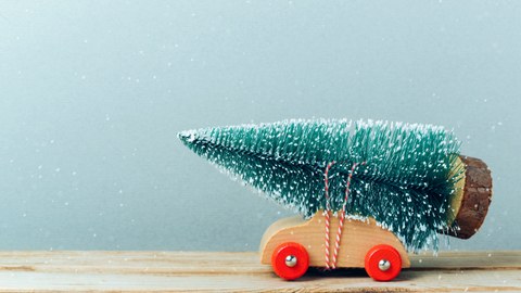 Winterliches Bild mit einem Holzspielzeugauto, welches einen kleinen Holzbaum auf dem Dach gebunden hat