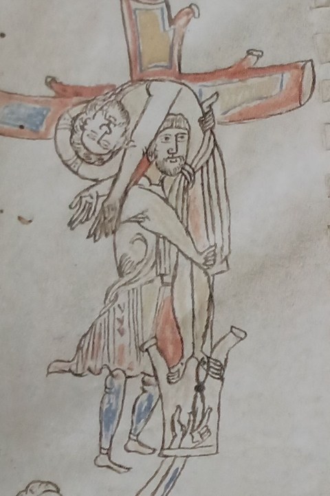 Manuskriptillustration, gezeigt werden zwei Personen vor einem Kreuz, die eine trägt die andere