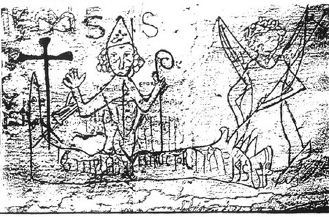 Graffiti aus dem Verließ von Domme, mit Flüchen gegen den Papst als "Zerstörer des Tempels". Die angeblich von Tonnellier gefundenen Inschriften, sind NICHT nachweisbar.