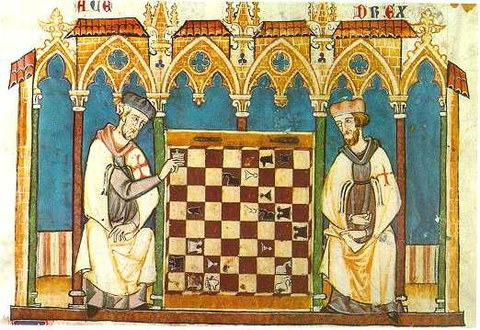 Zwei Templer beim Schachspiel aus dem Libro de los Juegos, fol. 25r, von Alfonso el Sabio, König von Kastilien-Leon aus dem 13. Jh.