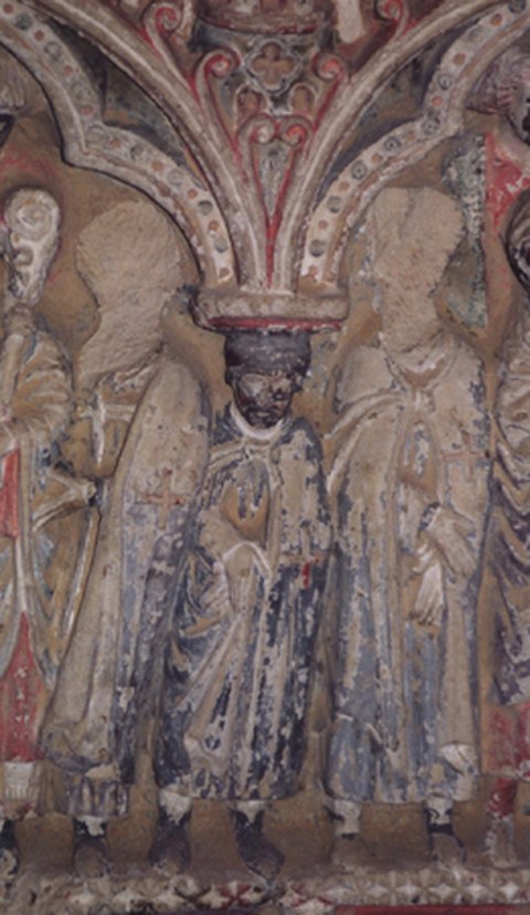Templerservienten im schwarzen Habit, Re.: Ritterbrüder im weißen Mantel, Steinsarkophag von Vilalcazar de Sirga, Spanien, 13. Jh.