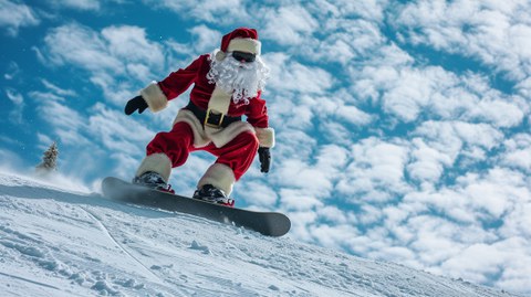 Foto: ein als Weihnachtmann verkleideter Snowboarder fährt einen Schneehang hinunter