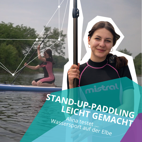Foto + Grafik junge Frau mit Paddel in der Hand im Neoprenanzug lächelt in die Kamera, darunter der Schriftzug "Stand Up Paddling leicht gemacht - Alina testet... Wassersport auf der Elbe