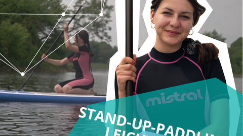 Foto + Grafik junge Frau mit Paddel in der Hand im Neoprenanzug lächelt in die Kamera, darunter der Schriftzug "Stand Up Paddling leicht gemacht - Alina testet... Wassersport auf der Elbe