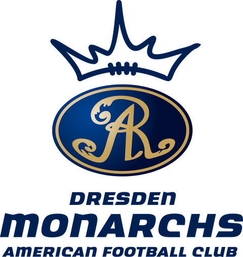 Grafok Logo der Dresden Monarchs: blaues Oval mit goldenen Buchstaben und stilisierter Krone darüber, darunter der Schriftzug Dresden Monarchs