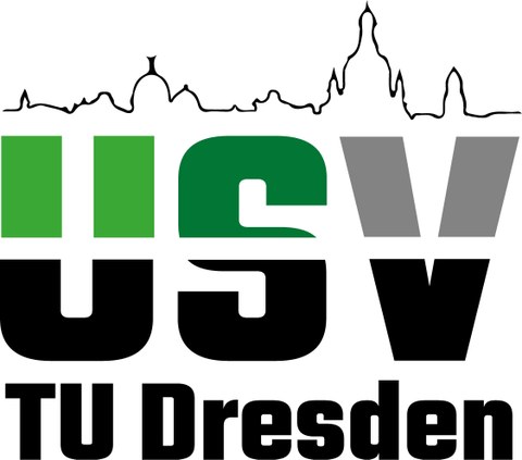 Grafik Logo des USV Dresden in Grün und Grau mit Stadtsilhouette darüber