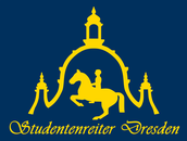 Logo der Studentenreiter Dresden: gelbe Pferdesilhoutte mit Reiter vor Umriss der Frauenkirche auf blauem Grund