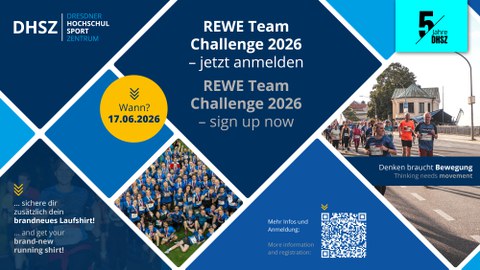 Grafik mit blauen Rauten und Werbung für die REWE Teamchallenge
