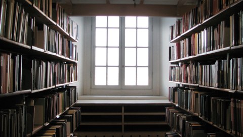 Foto: Blick auf ein Fenster mit weißen Unterteilungen, links und rechts stehen Regale mit Büchern