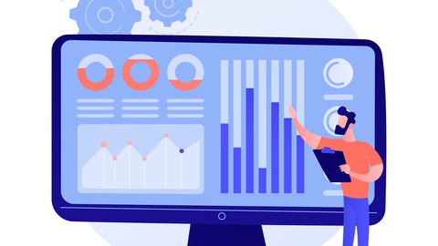 Grafik: Mann steht vor großen Computerbildschirm mit Diagrammen