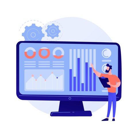 Grafik: Mann steht vor großen Computerbildschirm mit Diagrammen