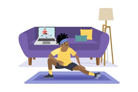 Grafik: Mann in gelbem Shirt macht Sport im Wohnzimmer mit Laptop