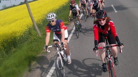 Foto: Gruppe von Rennradfahrern auf Straße, dahinter ein blühendes Rapsfeld