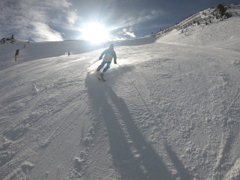 Foto Ein Skifahrer im blau-weißem Skianzug fährt im Gegenlicht mit Parallelschwung einen Hang hinunter