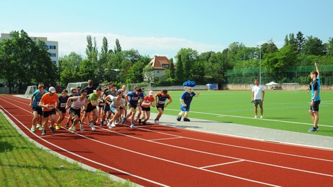 Eine Gruppe von Sportler:innen startet auf einer roten Laufbahn, im Hintergrund ist der Sportplatz zu sehen