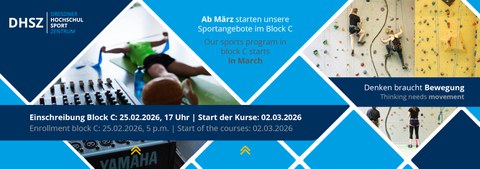 Grafik blaue Rauten mit Sportbildern und dem Text "Einschreibung Block C: 25.02.2026, 17 Uhr, Start der Kurse 02.30.2026"