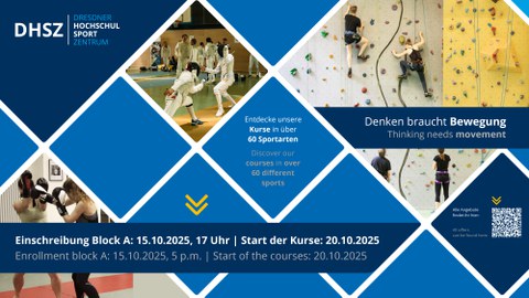 Grafik mit blauen Rauten und Sportfotos