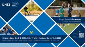 Grafik mit blauen Rauten, Sportbildern und dem Schriftzug "Einschreibung Block B: 04.06.2025, 17 Uhr / Start der Kurse: 16.06.2025