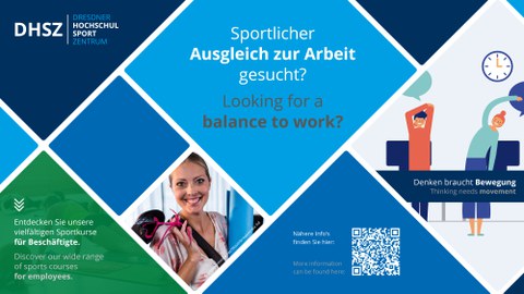 Grafik grüne, mittel- und dunkelblaue Rauten mit den Schriftzügen "sportlicher Ausgleich zur Arbeit gesucht?", "Entdecken Sie unsere vilefältige Sportkurse für Beschäftigte"