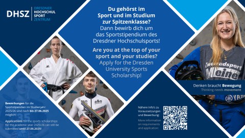 Grafik mit blauen und Bildern junger Spoerler:innen, in einer blauen Raute der Text " Du gehörst im Sport und im Studium zur Spitzenklassen? Dann bewirb Dich um das Sportstipendium des Dresdner Hochschulsports!"