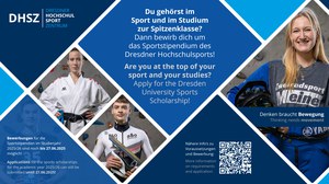 Grafik mit blauen und Bildern junger Sportler:innen, in einer blauen Raute der Text " Du gehörst im Sport und im Studium zur Spitzenklassen? Dann bewirb Dich um das Sportstipendium des Dresdner Hochschulsports!"