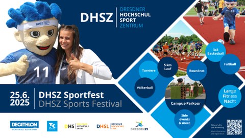 Grafik mit blauen Kacheln, Kreisen und Sportbildern sowie dem Schriftzug "25.06.2025 DHSZ-Sportfest"