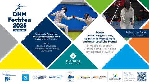 Grafik mit Rauten in Weiß, Blau, Gelb und Grün und den Schriftzügen "Besuche die Deutschen Hochschulmeisterschaften im Fechten in Dresden!" und "Erlebe hochklassigen Sport, spannende Wettkämpfe und unvergessliche Events!" und "DHM Fechten 28.-29.06.2025"