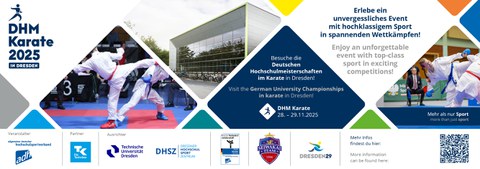 Grafik: Rauten mit Bildern von Kampfsportlern und einer Sporthalle mit der Schrift "Besuche die Deutschen Hochschulmeisterschaften im Karate in Dresden" 28.-29.11.2025