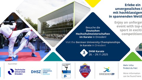 Grafik: Rauten mit Bildern von Kampfsportlern und einer Sporthalle mit der Schrift "Besuche die Deutschen Hochschulmeisterschaften im Karate in Dresden" 28.-29.11.2025