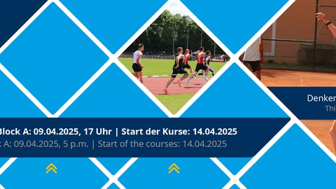 Grafik: blaue Rauten und Rauten mit Sportbildern, darüber der Schriftzug: Einschreibung Block A09.04.2025, 17 Uhr, Start der Kurse: 14.04.2025