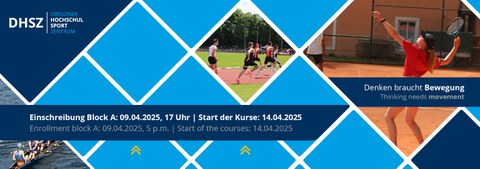 Grafik: blaue Rauten und Rauten mit Sportbildern, darüber der Schriftzug: Einschreibung Block A09.04.2025, 17 Uhr, Start der Kurse: 14.04.2025