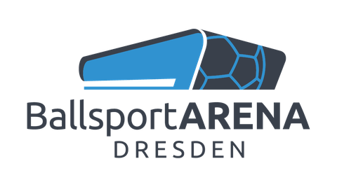 Grafik Logo der Ballsportarena mit dem stilisierten Umriss des Gebäudes und der Schrift "Ballsportarena Dresden" darunter