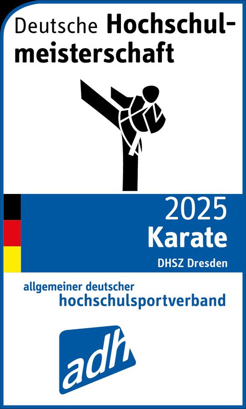 Grafik mit stilisiertem Karatekämpfer und der Schrift "2025 Karate DHSZ Dresden" Allgemeiner Deutscher Hochschulsportverband