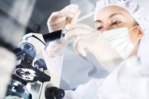 The photo shows a person wearing a lab coat, face mask and hairnet. She is holding a Petri dish in her hand and is dripping some liquid into it. A microscope is in the foreground.