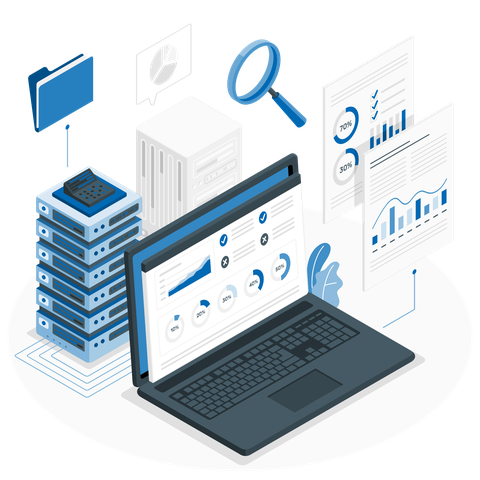 Illustration/Grafik zur Visualisierung von Datenmanagement (zu sehen sind Symbole/Piktogramme für Cloud, Server, Laptop, eine Lupe, Datenträger und ein File-Ordner)