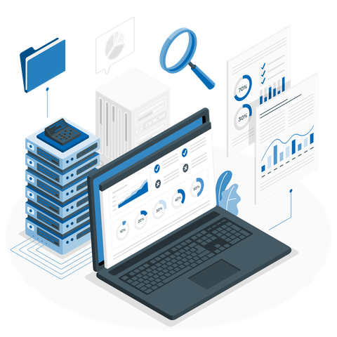 Illustration/graphic to visualize data management (you can see icons/pictograms for cloud, server, laptop, a magnifying glass, disks and a file folder).