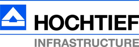 Hochtief Infrastructure logo. It has the name of the company in between two blue lines. On the left is a geometric design that looks like a house or building with a slanted roof.