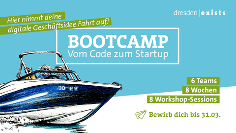 Schriftzug" Bootcamp - Vom Code zu Startup" Links kommt ein Schnellboot mit 3 Personen 