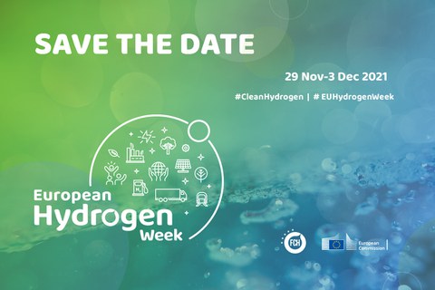 blau grüner Hintergrund mit Schriftzug zur European Hydrogen Week