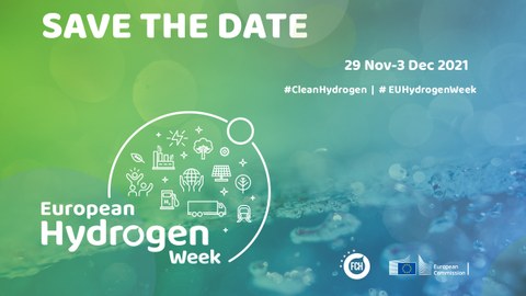 blau grüner Hintergrund mit Schriftzug zur European Hydrogen Week