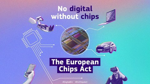 Verschiedene Objekte und ein Mensch mit VR-Brille; No digital without chips Schriftzug