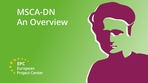 grüner Hintergrund, EPC Logo, Konterfei Marie Curie, Schriftzung MSCA-DN An overview