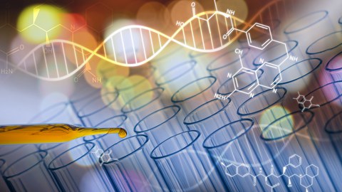 Das Foto zeigt viele Reagenzgläser und eine Pipette. Darüber befindet sich die grafische Darstellung mehrerer chemischer Formeln und eines DNA-Stranges.