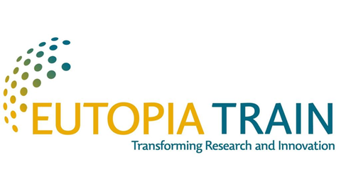 Halbkreis von gelb-blauen Punkten mit dem Schriftzug Eutopia Train