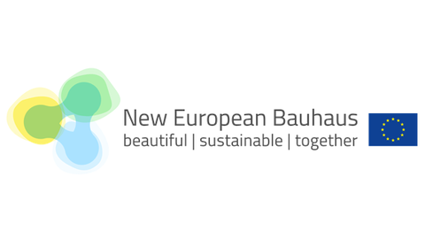 bunte Blasen mit Schriftzug New European Bauhaus und EU-Flagge