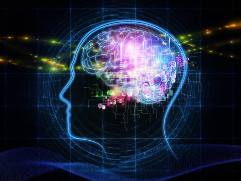 Diese grafische Darstellung stellt den Kopf eines Menschen dar. Im Gehirn blinken viele farbige Lichter und Zahlen auf.
